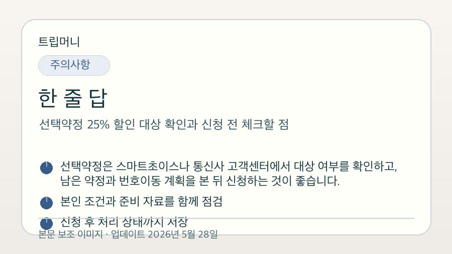 선택약정 25% 할인 대상 확인과 신청 전 체크할 점 - 한 줄 답 핵심 요약 이미지