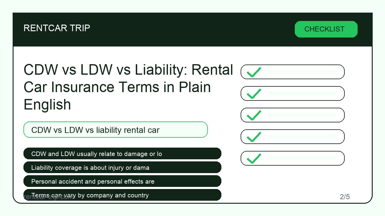 CDW vs LDW vs Liability: Rental Car Insurance Terms in Plain English - Checklist image