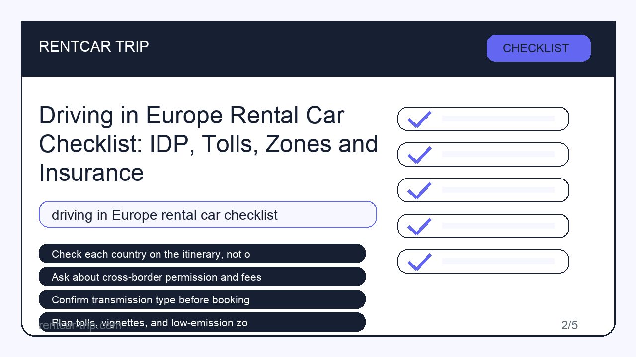 Driving in Europe Rental Car Checklist: IDP, Tolls, Zones and Insurance - Checklist image