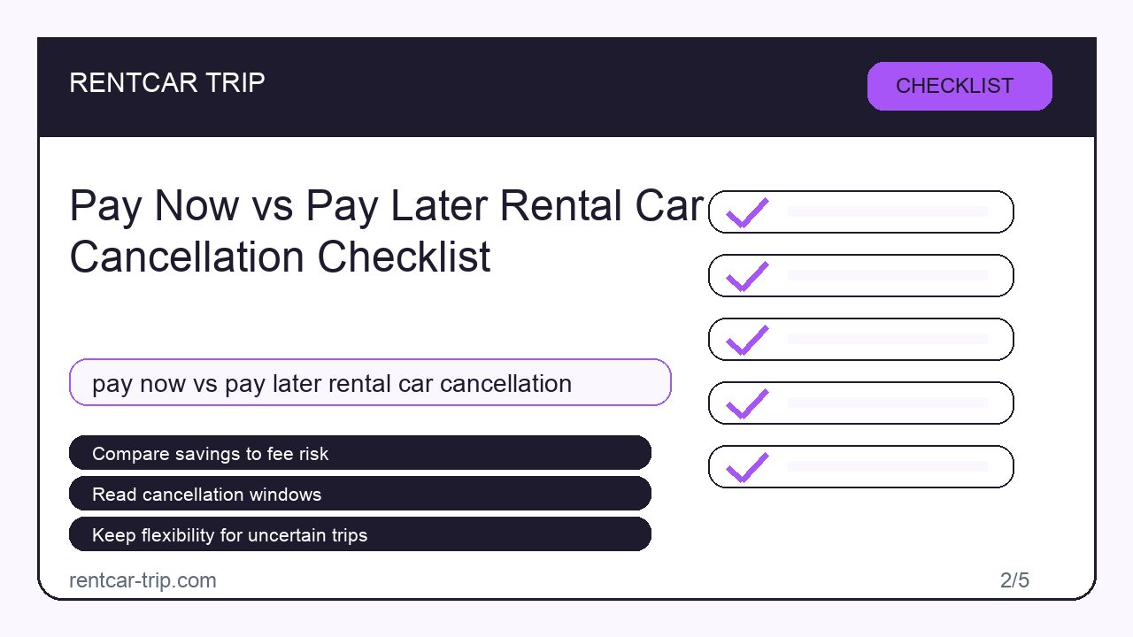 Pay Now vs Pay Later Rental Car Cancellation Checklist - Checklist image