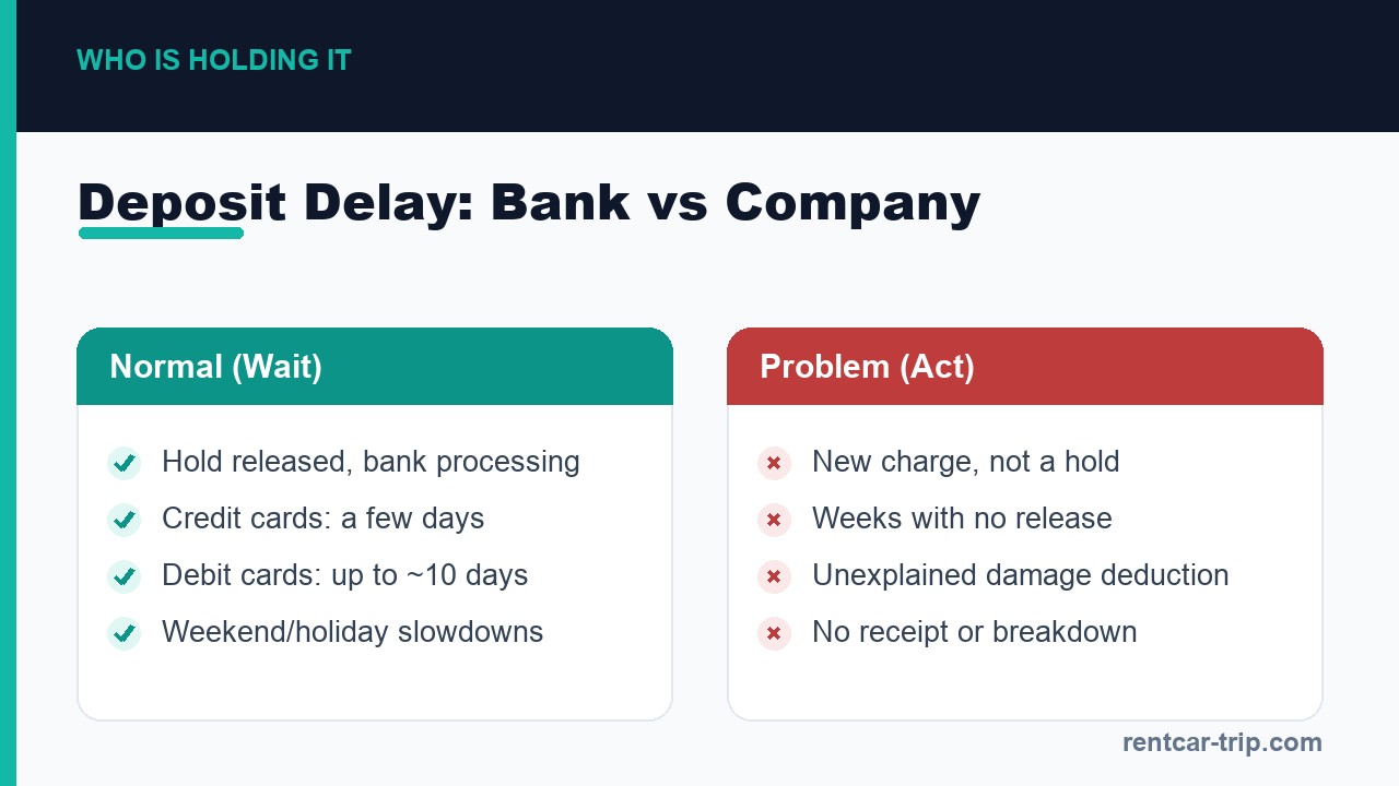 Deposit delay: bank vs rental company